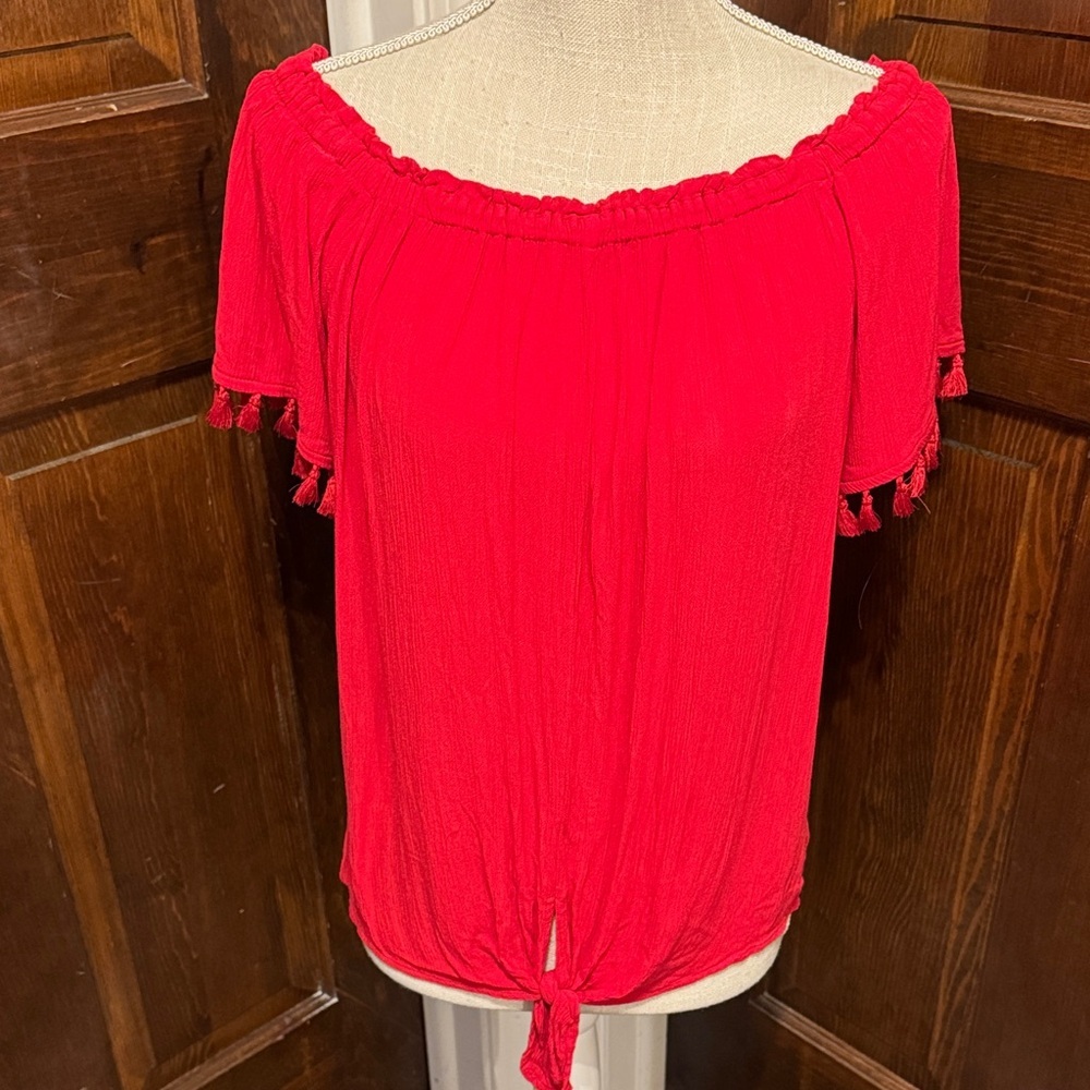 Westport Red Off-Shoulder Blouse with Tassels Size M